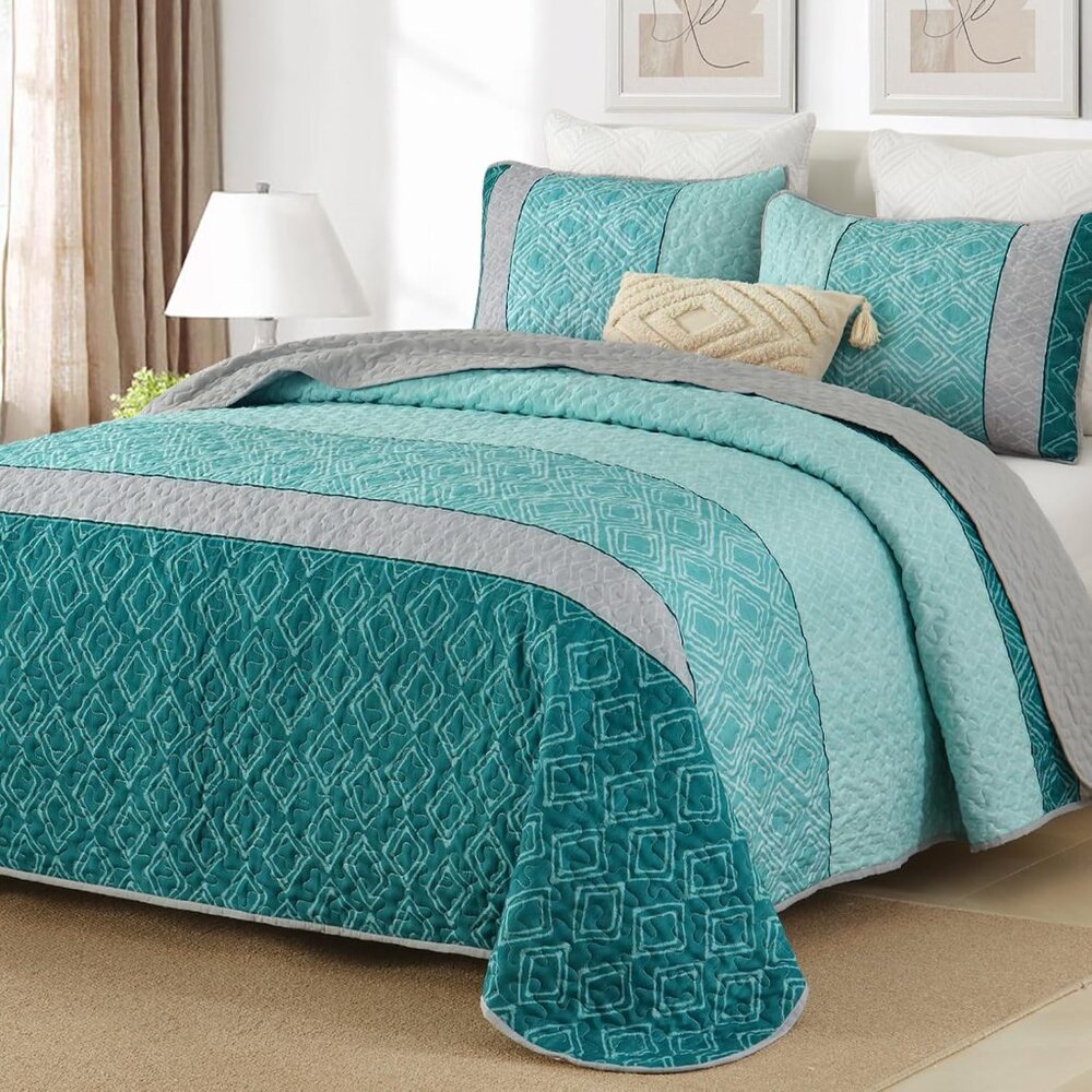 NEW! Teal Quilt Set, Boho Bedspread Queen Size, Blue Striped Plaid Bedding Set